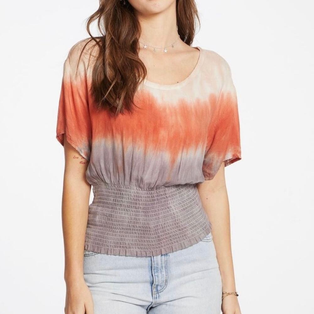 Chaser Heirloom Gauze Ombré Dyed Smocked Waist Top Horizon Dye size XS